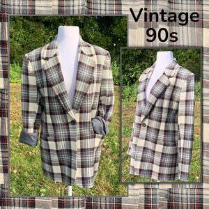 Vintage 90s Plaid Tartan Blazer Fall Winter Wool Holiday Christmas Preppy Grunge